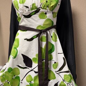 A.P.N.Y. White Strapless Dress with Green Floral Print and Black Sash
